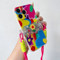 Cute Heart Case for iPhone with Card Holder | Flower Beaded Crossbody Lanyard & Wristband Stand Cover