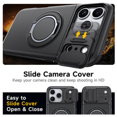 Shockproof Armor Case for iPhone with Slide Camera Cover and Card Holder Hidden Slot | 360 Ring Stand Heavy Duty Protective Cover