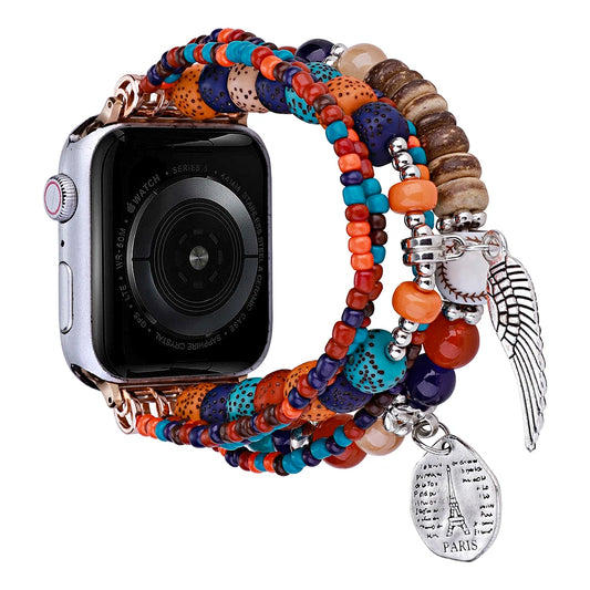 Boho Colorful Beaded Bracelet Band with Silver Charms  For Apple Watch | Jewelry Strap
