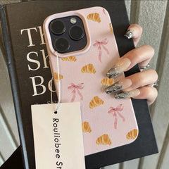 Sweet Croissant Bow Pattern Soft Phone Case For iPhone | Faux Leather Cover