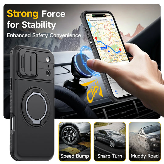 Shockproof Armor Case for iPhone with Slide Camera Cover and Card Holder Hidden Slot | 360 Ring Stand Heavy Duty Protective Cover