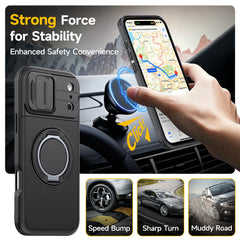 Shockproof Armor Case for iPhone with Slide Camera Cover and Card Holder Hidden Slot | 360 Ring Stand Heavy Duty Protective Cover