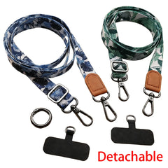 Universal Tropical Leaf Print Phone Lanyard | Adjustable Floral Fabric Crossbody Neck Strap with Premium Leather Accent and Secure Anti-Loss Case Tab