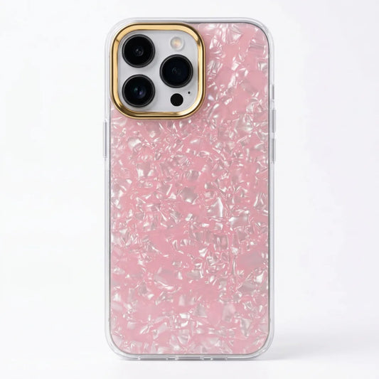 Glitter Shell Pattern Case with Gold Lens Frame | Iridescent Pearl Phone Cover For iPhone