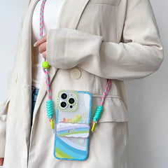 Cute Heart Case for iPhone with Card Holder | Flower Beaded Crossbody Lanyard & Wristband Stand Cover