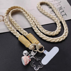 Universal Braided Crossbody Phone Lanyard Strap | Adjustable Hanging Neck Rope with Cute Cartoon Pendant Charm and Secure Case Tab Insert