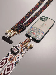 Universal Retro Style Crossbody Phone Lanyard | Wide Adjustable Vintage Geometric Fabric Strap | Neck Hanging Shoulder Sling with Secure Case Tab Insert