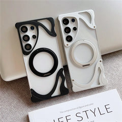 Minimalist Aluminum Metal Bumper MagSafe Case For Samsung Galaxy | 360° Ring Stand Clear Phone Cover