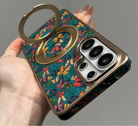 Floral Butterfly Leather MagSafe Case for Samsung Galaxy | Electroplated 360 Rotating Stand Hard Cover