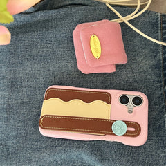 Tri-Color Spliced Leather Wallet Case for iPhone with Wrist Strap