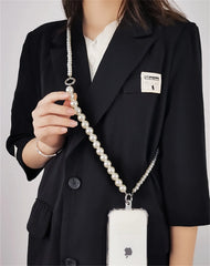 Universal Pearl Chain Crossbody Phone Lanyard | Elegant Acrylic Beaded Shoulder Strap &amp; Bracelet Set with Secure Case Insert Tab