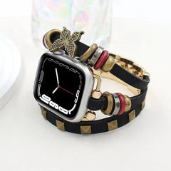 Boho Leather Wrap Apple Watch Band with Butterfly Charm | Vintage Beaded Studded Strap Bracelet
