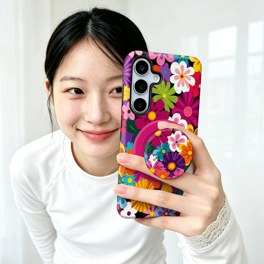 Floral Phone Case with Matching Magnetic Grip For Samsung Galaxy | Colorful Groovy Flower Phone Cover
