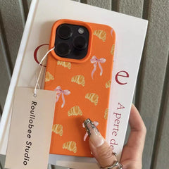 Sweet Croissant Bow Pattern Soft Phone Case For iPhone | Faux Leather Cover
