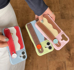 Tri-Color Spliced Leather Wallet Case for iPhone with Wrist Strap