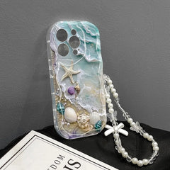 Beach Seashell Starfish Pattern Phone Case For iPhone With Lanyard
