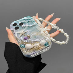 Beach Seashell Starfish Pattern Phone Case For iPhone With Lanyard