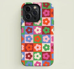 Cute Flower Checkered Magnetic Phone Case for iPhone | Shockproof Acrylic TPU Two-in-One Cover