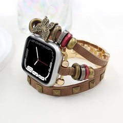 Boho Leather Wrap Apple Watch Band with Butterfly Charm | Vintage Beaded Studded Strap Bracelet