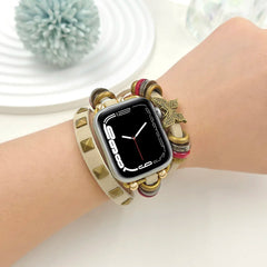Boho Leather Wrap Apple Watch Band with Butterfly Charm | Vintage Beaded Studded Strap Bracelet