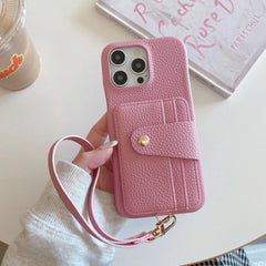 Premium Litchi Texture Leather Wallet Case for iPhone with Lanyard and Card Slots