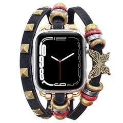Boho Leather Wrap Apple Watch Band with Butterfly Charm | Vintage Beaded Studded Strap Bracelet