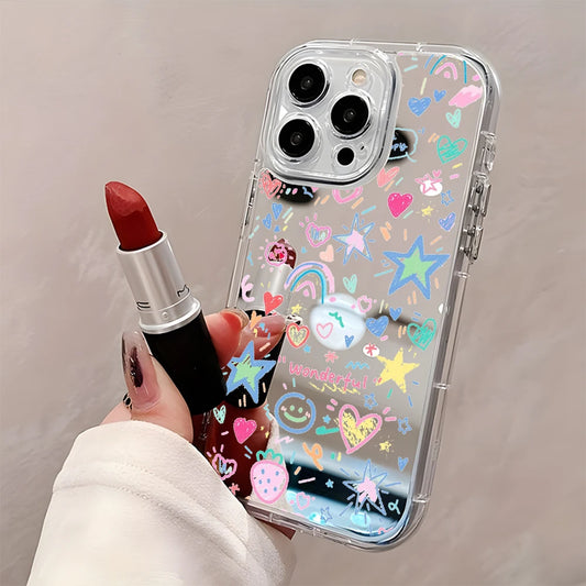 Colorful Doodle Stars And Hearts Back Mirror Phone Case For iPhone