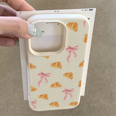 Sweet Croissant Bow Pattern Soft Phone Case For iPhone | Faux Leather Cover