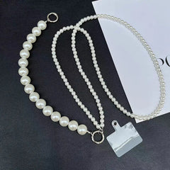 Universal Pearl Chain Crossbody Phone Lanyard | Elegant Acrylic Beaded Shoulder Strap &amp; Bracelet Set with Secure Case Insert Tab