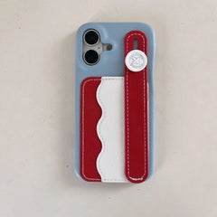 Tri-Color Spliced Leather Wallet Case for iPhone with Wrist Strap