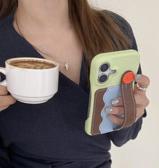 Tri-Color Spliced Leather Wallet Case for iPhone with Wrist Strap