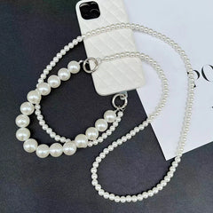 Universal Pearl Chain Crossbody Phone Lanyard | Elegant Acrylic Beaded Shoulder Strap &amp; Bracelet Set with Secure Case Insert Tab