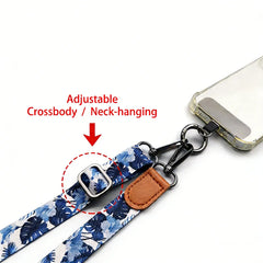 Universal Tropical Leaf Print Phone Lanyard | Adjustable Floral Fabric Crossbody Neck Strap with Premium Leather Accent and Secure Anti-Loss Case Tab