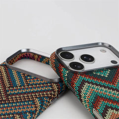 Southwestern Tribal Woven Case for iPhone | Carbon Fiber Texture MagSafe Cover with Alloy Lens Protection