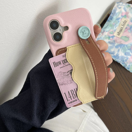Tri-Color Spliced Leather Wallet Case for iPhone with Wrist Strap