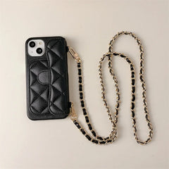 Quilted Leather iPhone Case | Crossbody Lanyard Chain | Wallet Card Holder Phone Cover