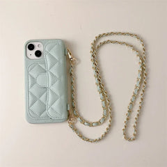 Quilted Leather iPhone Case | Crossbody Lanyard Chain | Wallet Card Holder Phone Cover
