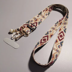 Universal Retro Style Crossbody Phone Lanyard | Wide Adjustable Vintage Geometric Fabric Strap | Neck Hanging Shoulder Sling with Secure Case Tab Insert