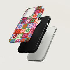 Cute Flower Checkered Magnetic Phone Case for iPhone | Shockproof Acrylic TPU Two-in-One Cover