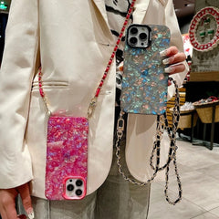 Shell Pattern Glitter Marble Hard Cover with Metal Chain Crossbody Lanyard For iPhone