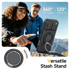 Shockproof Armor Case for iPhone with Slide Camera Cover and Card Holder Hidden Slot | 360 Ring Stand Heavy Duty Protective Cover