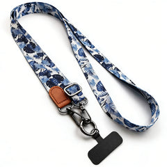 Universal Tropical Leaf Print Phone Lanyard | Adjustable Floral Fabric Crossbody Neck Strap with Premium Leather Accent and Secure Anti-Loss Case Tab