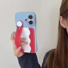 Tri-Color Spliced Leather Wallet Case for iPhone with Wrist Strap