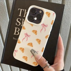 Sweet Croissant Bow Pattern Soft Phone Case For iPhone | Faux Leather Cover