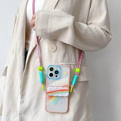 Cute Heart Case for iPhone with Card Holder | Flower Beaded Crossbody Lanyard & Wristband Stand Cover