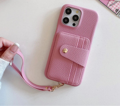 Premium Litchi Texture Leather Wallet Case for iPhone with Lanyard and Card Slots