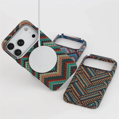 Southwestern Tribal Woven Case for iPhone | Carbon Fiber Texture MagSafe Cover with Alloy Lens Protection