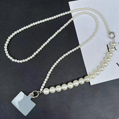 Universal Pearl Chain Crossbody Phone Lanyard | Elegant Acrylic Beaded Shoulder Strap &amp; Bracelet Set with Secure Case Insert Tab