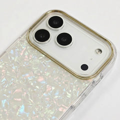 Glitter Shell Pattern Case with Gold Lens Frame | Iridescent Pearl Phone Cover For iPhone