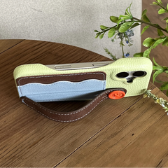 Tri-Color Spliced Leather Wallet Case for iPhone with Wrist Strap